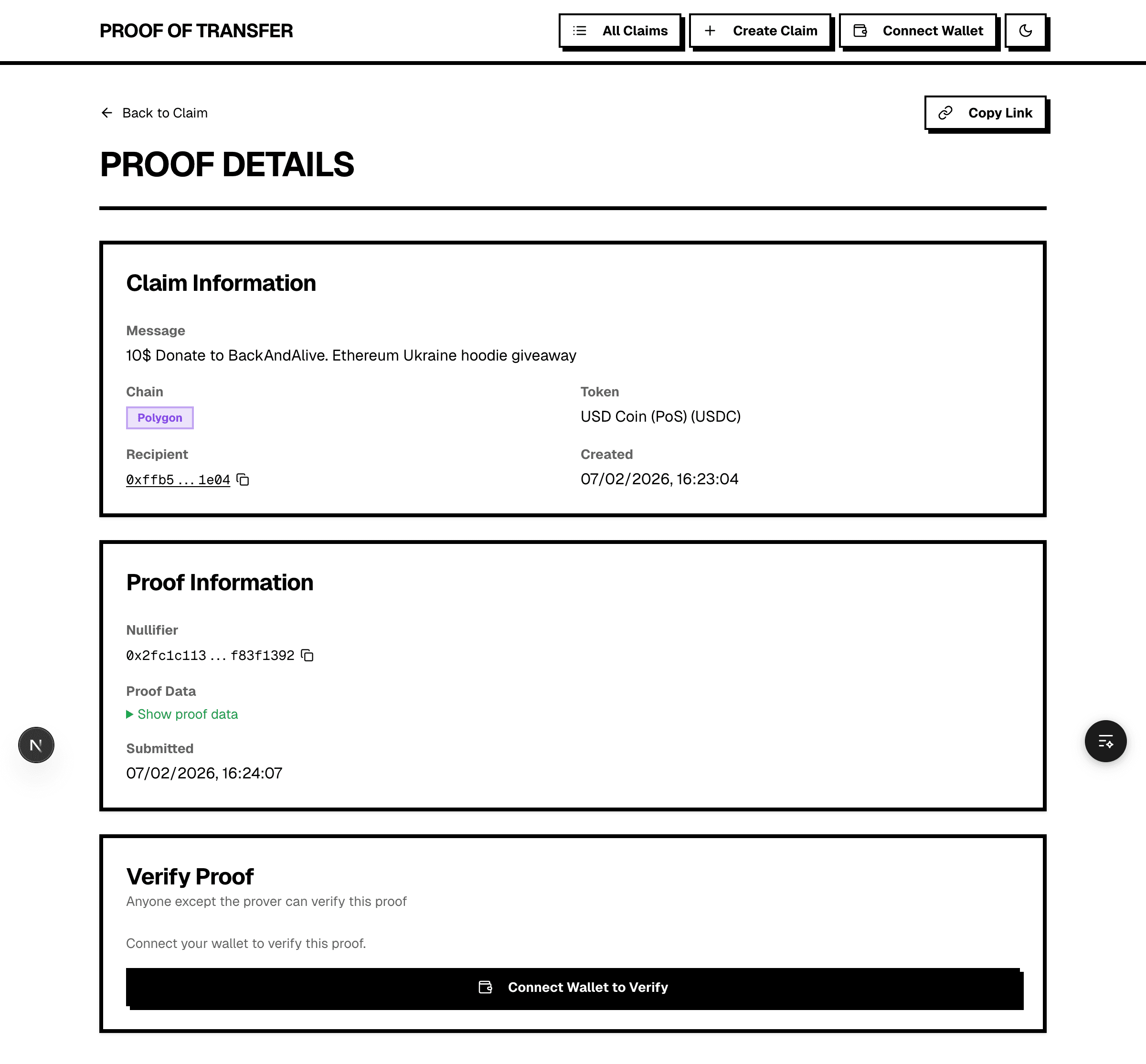 Proof details page